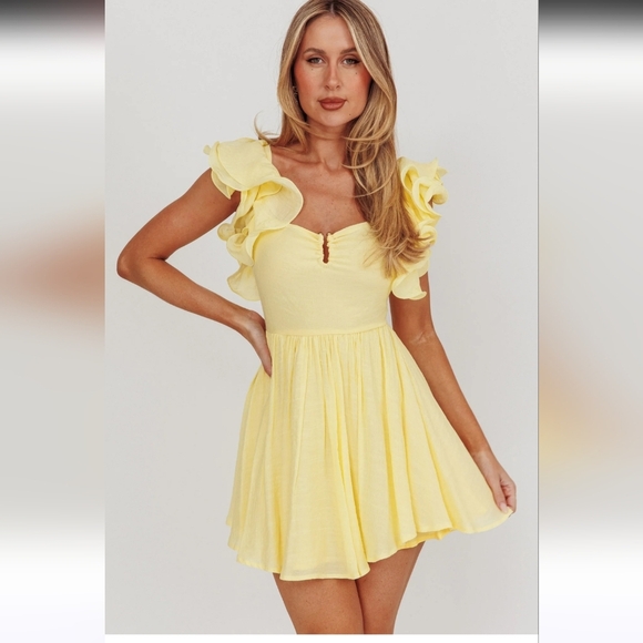 ANGEL BIBA Sunday Dreams Ruffle Strap Mini Dress Butter Yellow. Size XS NWT - Picture 4 of 16